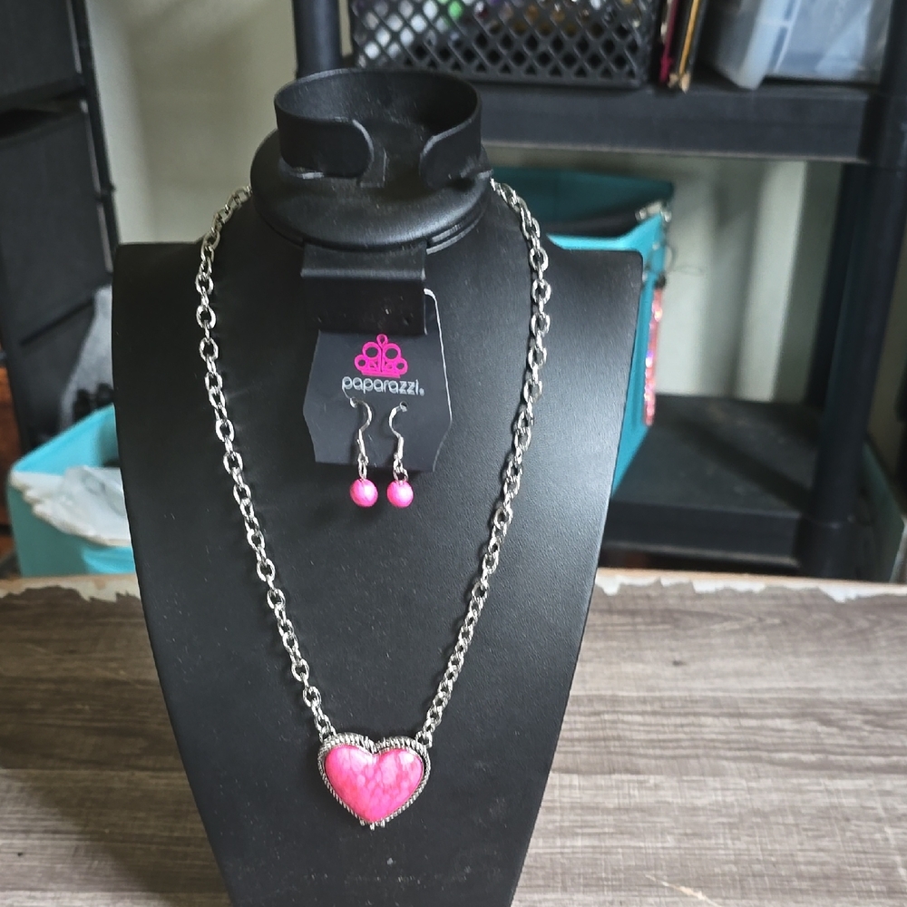 Paparazzi Silver Necklace with Pink Heart Pendant and Earrings